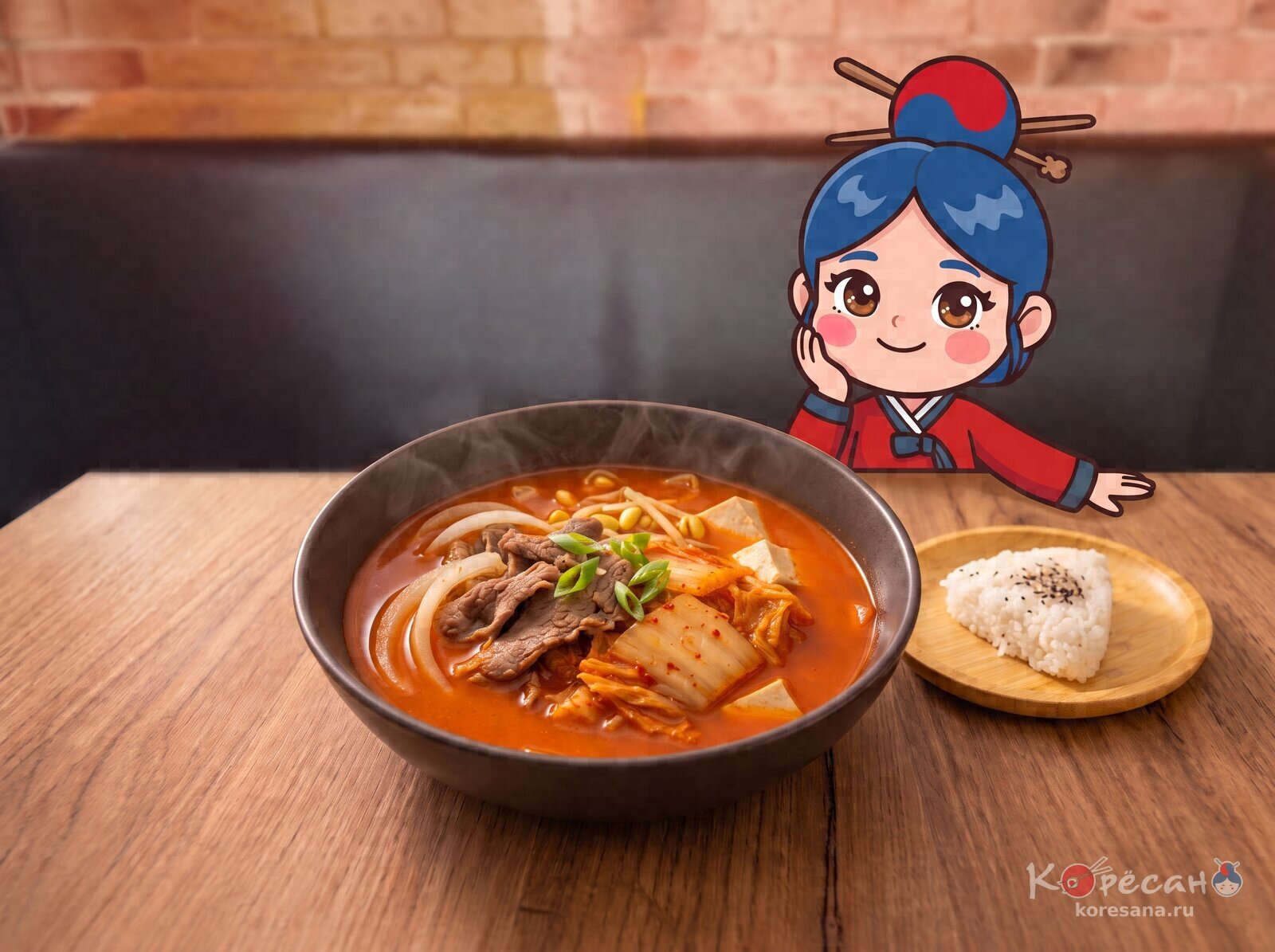 Коресаночка любуется миской Кимчи тиге с рисом